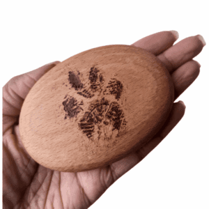 beech wood pebble with a hand burnt paw print and personalised with a name