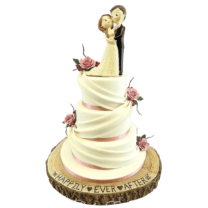 wedding cake sitting on a personalised wooden log stand