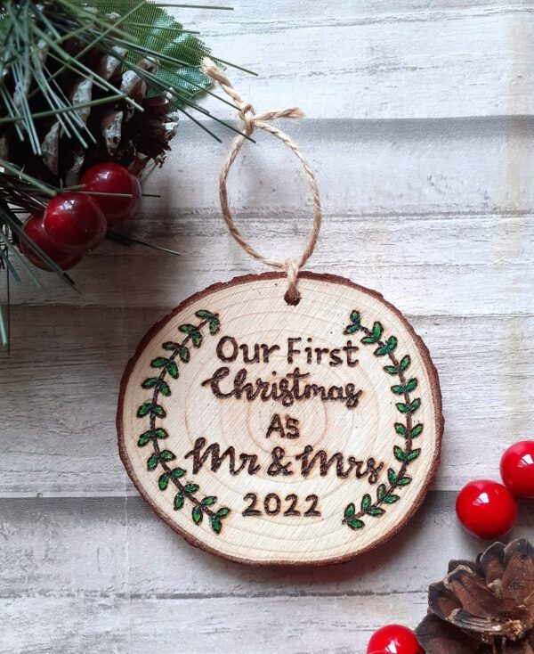 First Christmas as Mr and Mrs 2022 wood slice tree decoration