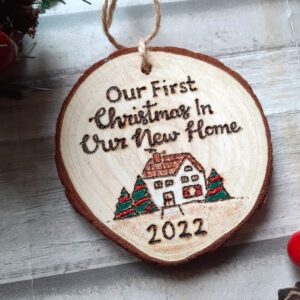 First christmas in new home wood slice tree decoration