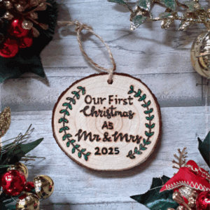 Handmade Wooden 'First Christmas As Mr & Mrs' Tree Ornament 2025