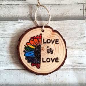 A hand-burnt wood slice featuring a half rainbow design and the phrase "Love is Love."