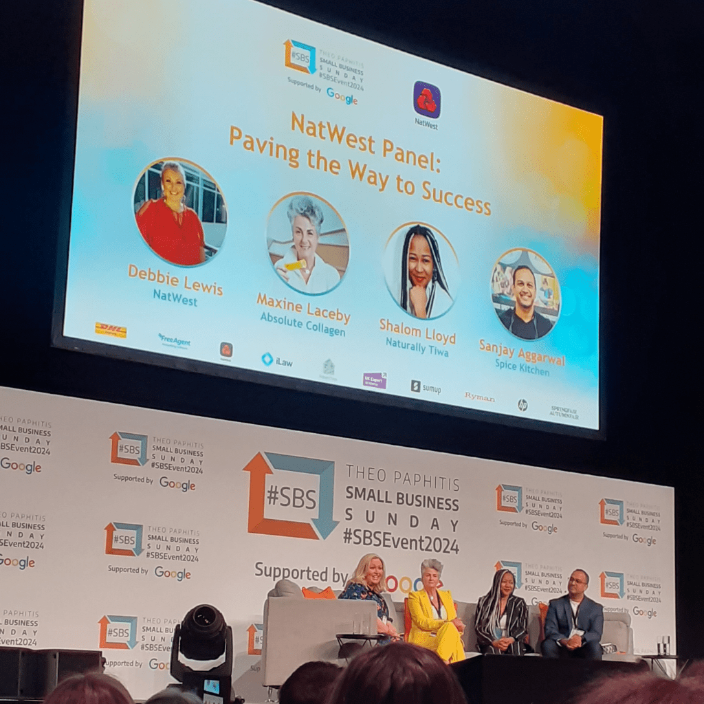 A photo showing a NatWest panel Chaired by Debbie Lewis, with Absolute Collagen Founder Maxine Laceby, Spice Kitchen Founder Sanjay Aggarwal and Naturally Tiwa Skincare Co-Founder Shalom Lloyd as panellists