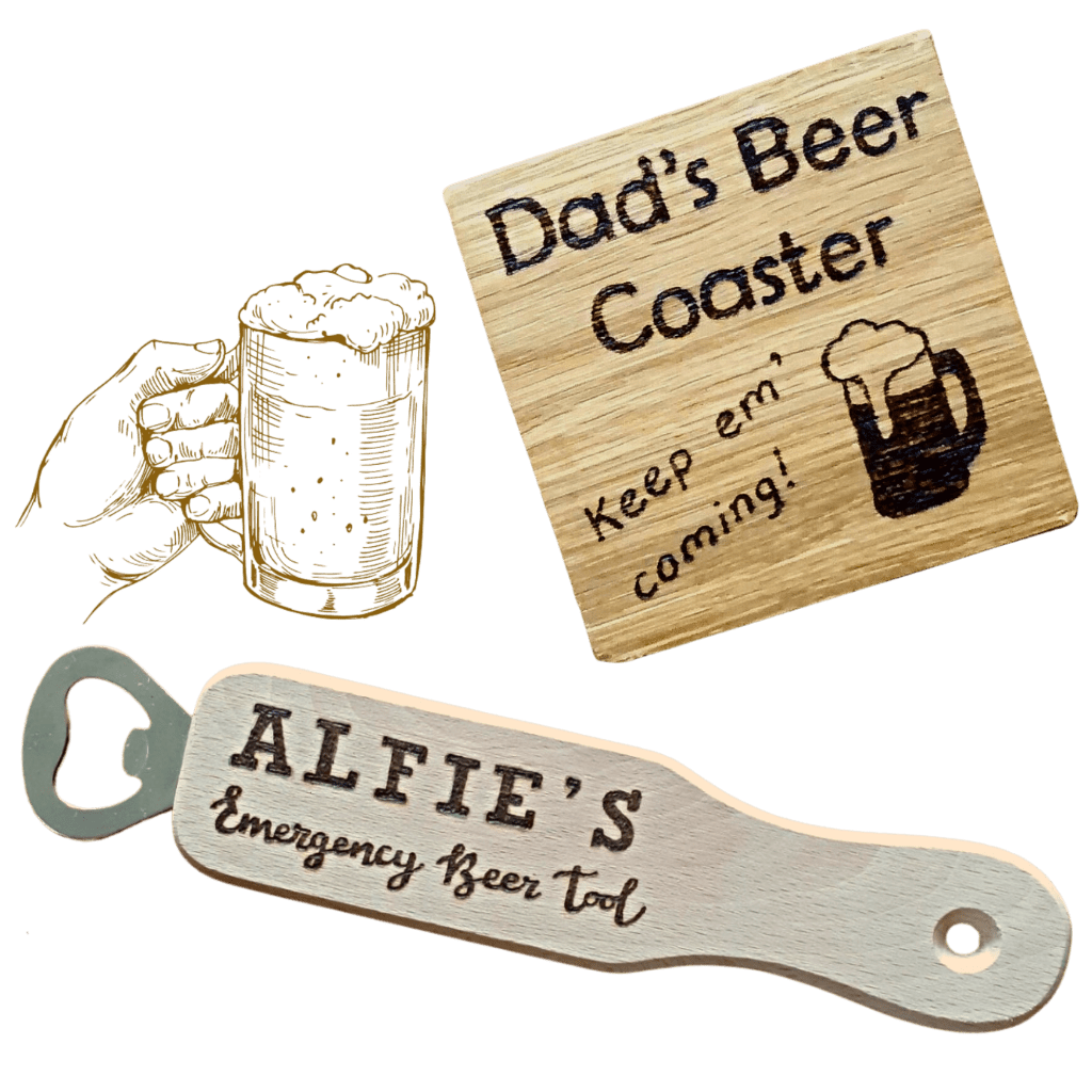 A square wooden coaster featuring intricate oak woodwork with the words 'Dads Beer Coaster' engraved on the surface in elegant script. The coaster is handcrafted with attention to detail, showcasing the warmth and natural beauty of wood grain. Image also of a personalised wooden bottle opener
