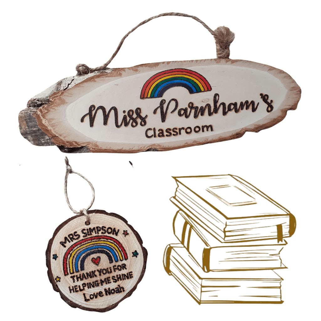 A rustic personalised plaque and wood slice with a hand burnt teacher name and rainbow design