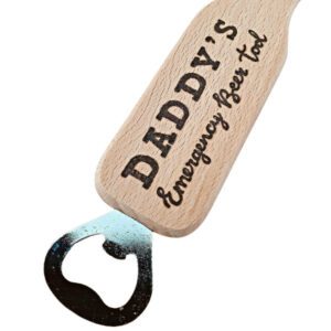 beech wood bottle opener with personalised name and reads 'emergency beer tool'