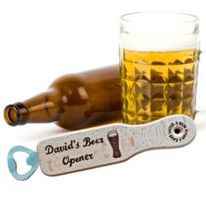 solid beech wood bottle with hand burnt text that reads 'davids beer opener'. Personalisation available