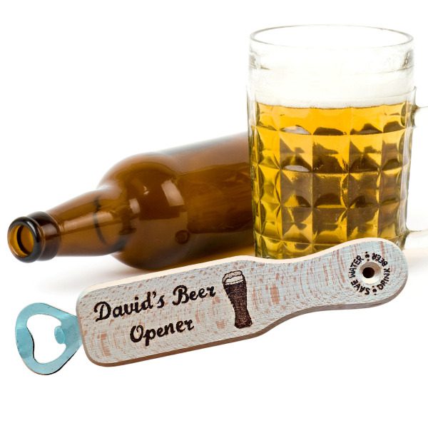 solid beech wood bottle with hand burnt text that reads 'davids beer opener'. Personalisation available