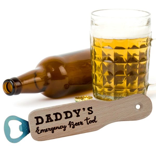 beech wood bottle opener with hand burnt personalised name. Text also reads 'emergency beer tool'