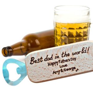 beech wood bottle opener with personalised message on reverse
