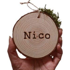 Table place names, made on rustic wood slice with hanging jute. Hand burnt with a name and a little green moss on the edge