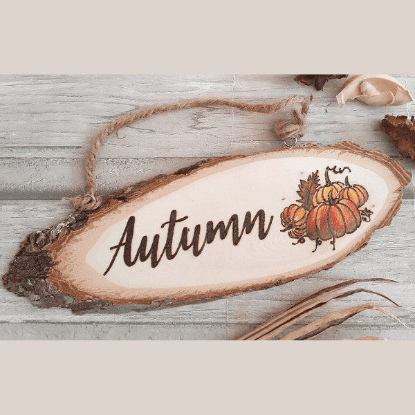 A wooden rustic sign for autumn featuring a hand-burnt pumpkin design. The sign is oval in shape and made of weathered, textured wood. It has a rich brown color with visible grain patterns. In the center, there is a meticulously burned pumpkin design, showcasing intricate lines and curves. The pumpkin appears ripe and plump, with detailed ridges and a curving stem. Surrounding the pumpkin, there are stylized autumn leaves, accentuating the seasonal theme. The sign exudes a cozy and nostalgic vibe, perfect for celebrating the fall season.