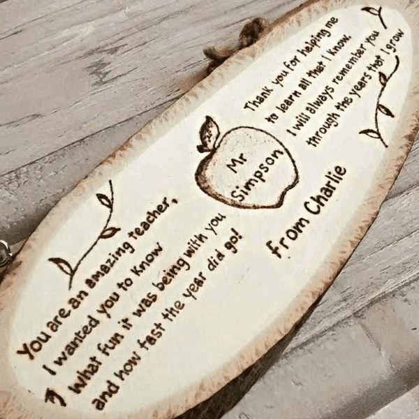 handmade wooden personalised log plaque with hand burnt poem for a teacherhandmade wooden personalised log plaque with hand burnt poem for a teacher