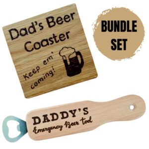 Bundle set of a personalised oak coaster and bottle opener for a beer loer