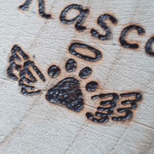 hand burnt image of pet paw with wings and a personalised name