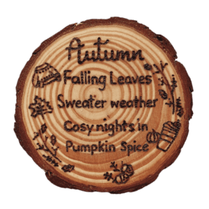 hand burnt autumn rustic wood slice coaster with autumn design