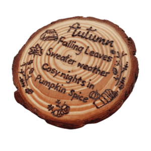 hand burnt autumn rustic wood slice coaster with autumn design