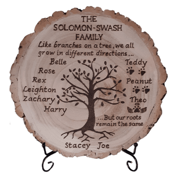 Hand burnt stacey solomon joe swash family tree on a wood slice