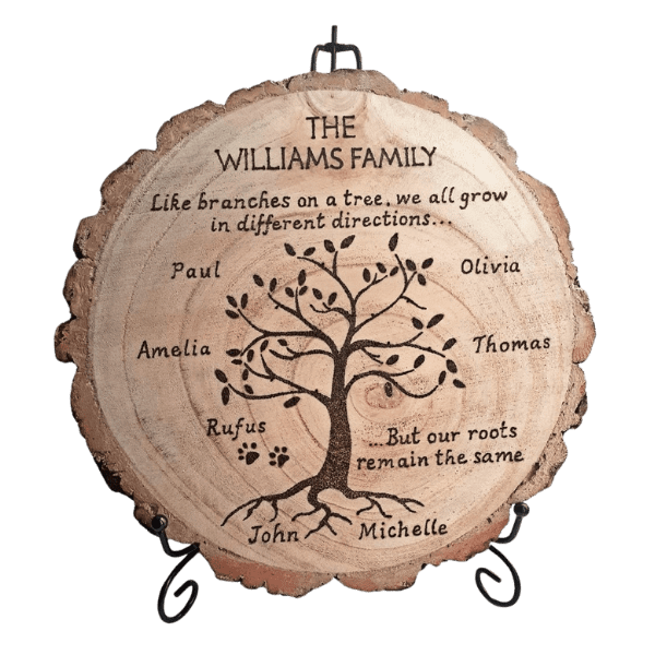 A handmade personalized family tree, hand burnt on a wood slice. The tree is in the center of the wood slice, with the family's surname and up to 10 family members' names written on the branches. The wood slice is unique, with its own markings and imperfections.