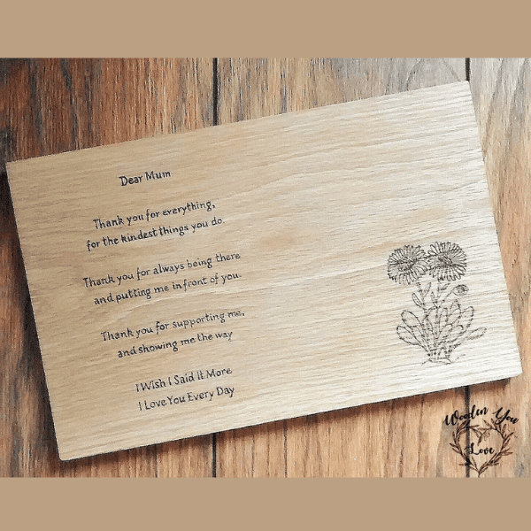A solid oak chopping board with a heartfelt poem engraved for mum. A high-quality, solid oak chopping board with a smooth, polished surface. The board is rectangular in shape and features a sentimental poem engraved on its surface. The poem expresses love and appreciation for mom, showcasing the depth of emotion and sentimentality. The natural grain patterns of the oak wood add a touch of elegance to the overall appearance of the board. It is a thoughtful gift that combines practicality with a heartfelt message, making it a cherished keepsake for mum.