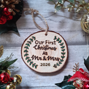 Handmade Wooden 'First Christmas As Mr & Mrs' Tree Ornament 2026