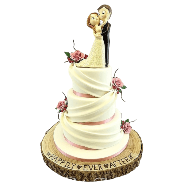 wedding cake sitting on a personalised wooden log stand