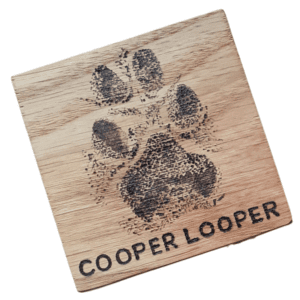 A square handmade wooden coaster made of oak. The coaster features a hand-burnt paw print and personalised with a name. The wood's natural grain and texture are visible, adding to its artisanal and heartfelt appearance.